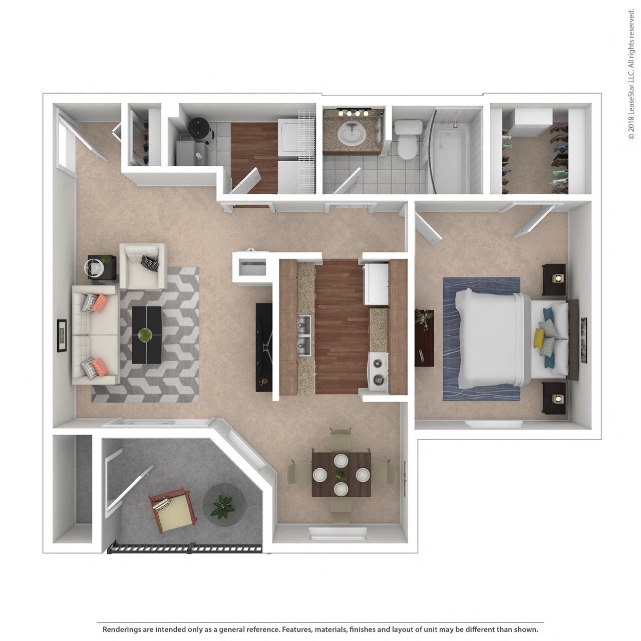 Floor plan for 1 bed, 1 bath, 730 sqft